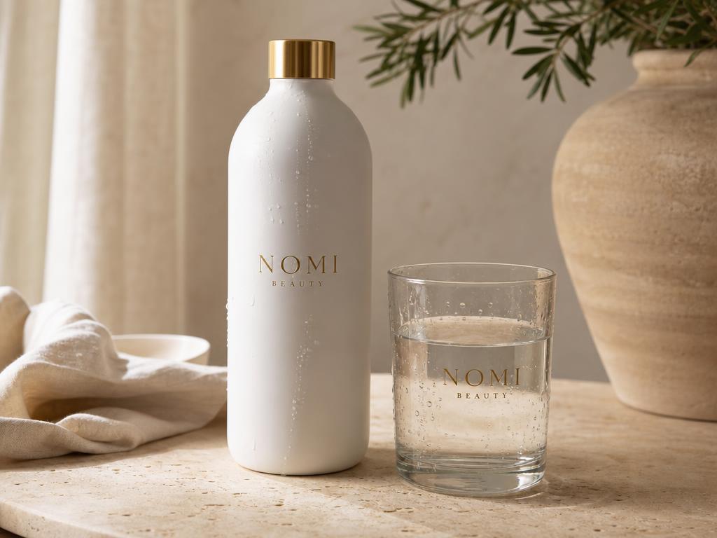 BEAUTY BY NOMI water bottle and glass
