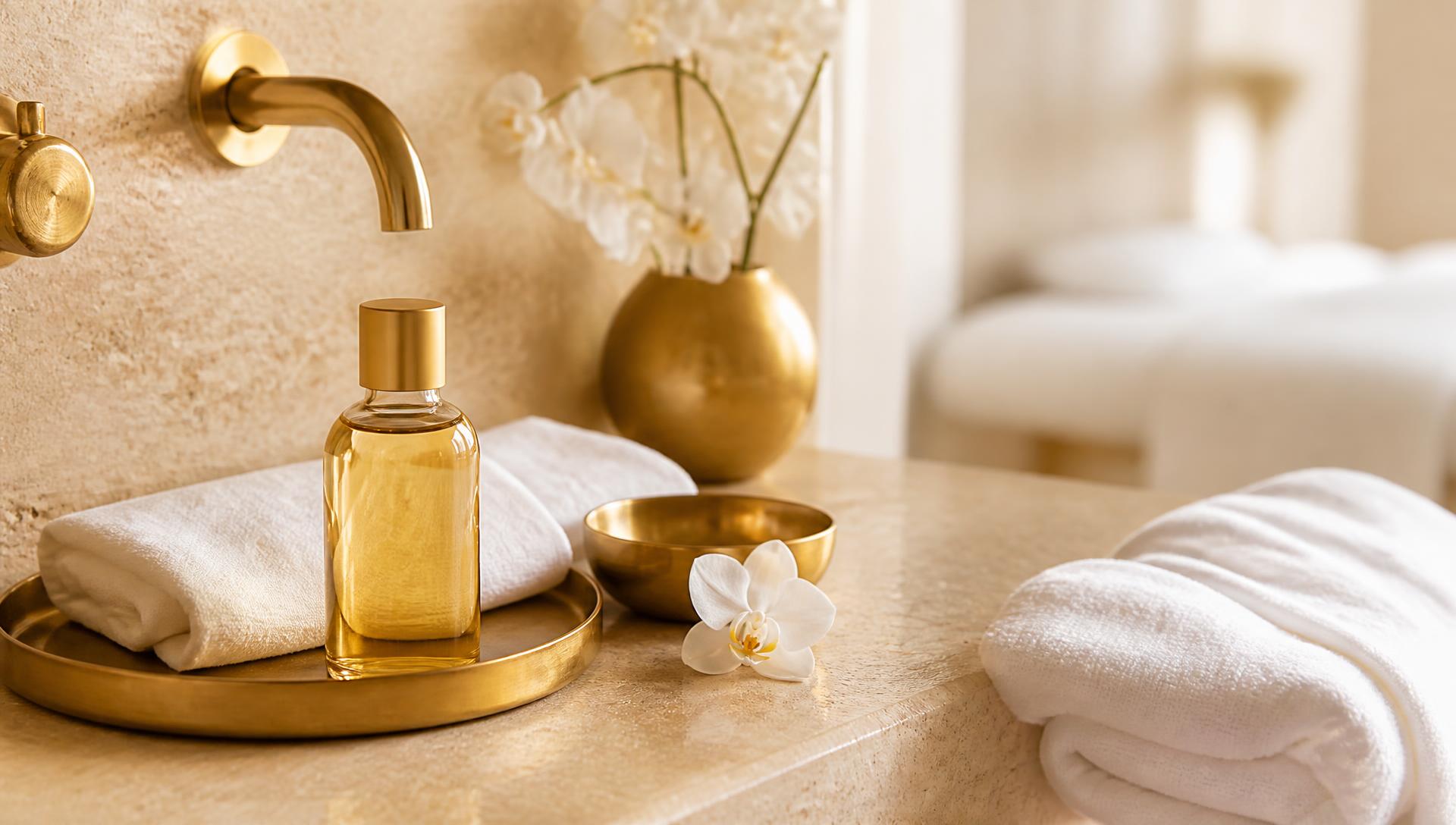 Luxury treatment details in cream travertine and gold